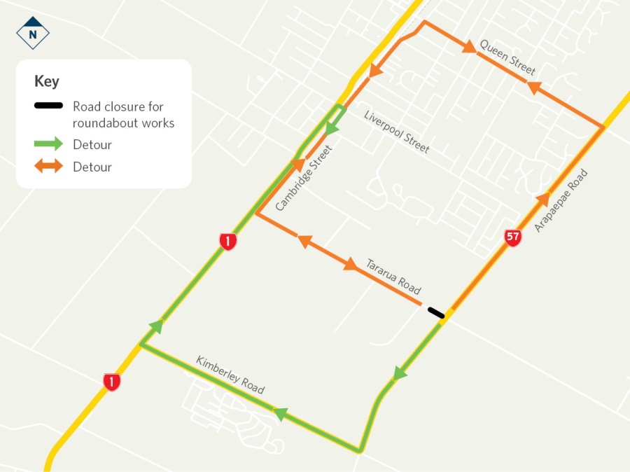 State Highway 57 / Tararua Road Levin detour map for roundabout works.