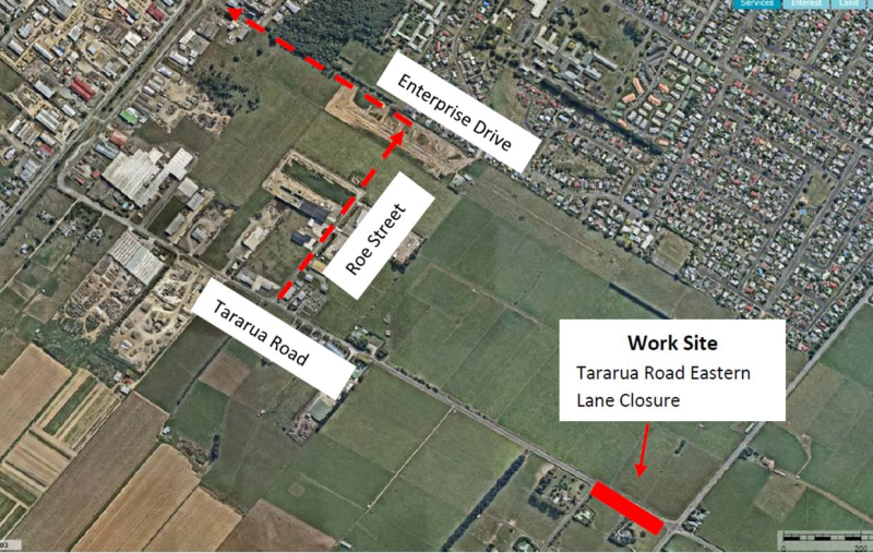 Tara-Ika Development - Temporary Lane Closure for Tararua Road, Levin - Location map showing suggested eastbound detour.