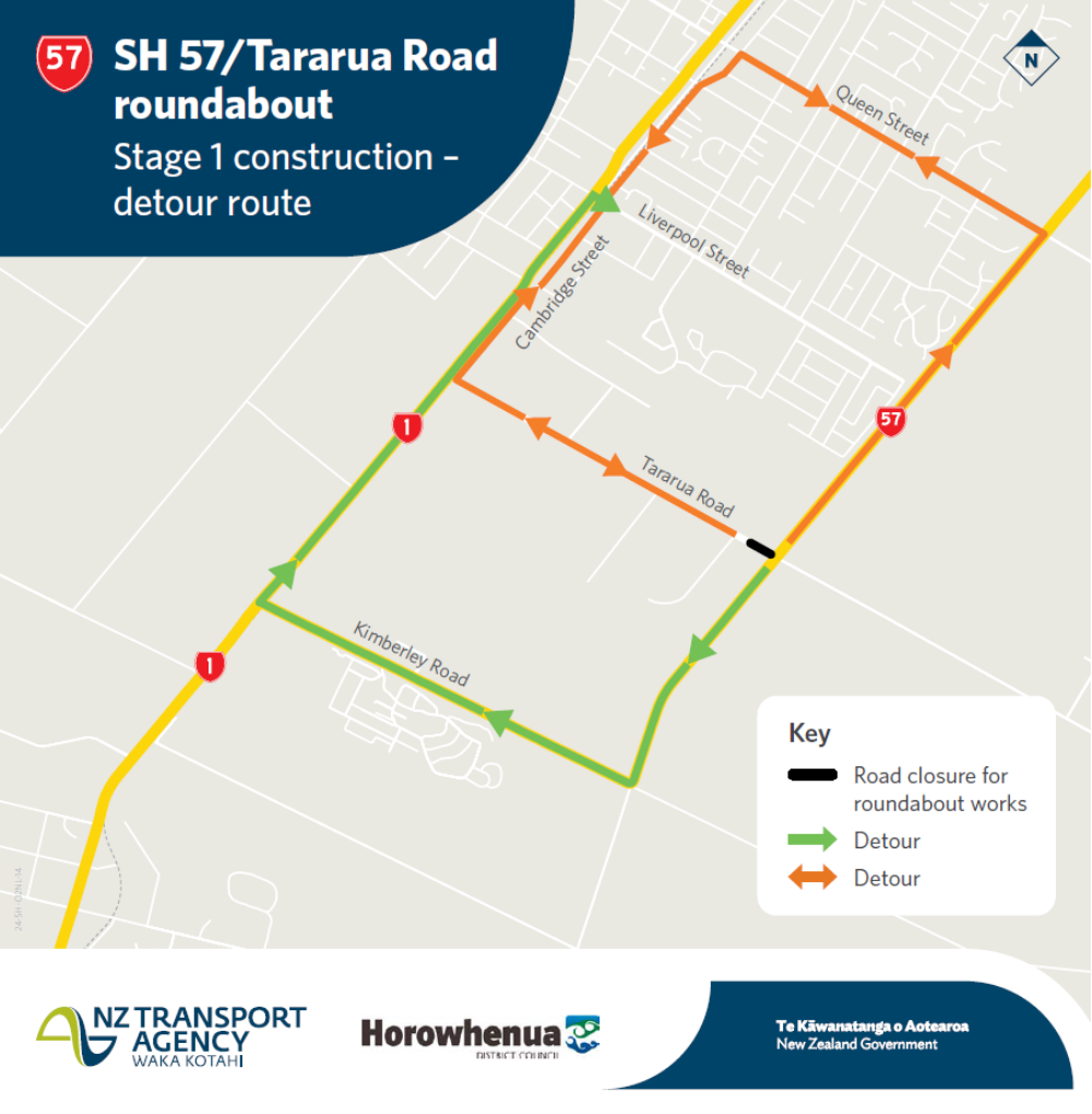 SH57-Tararua Road roundabout Road closure map.